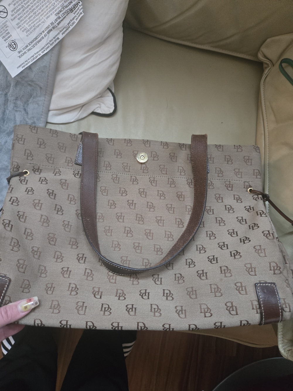 Dooney & Bourke Brown Monogram Canvas Tote with Leather Trim